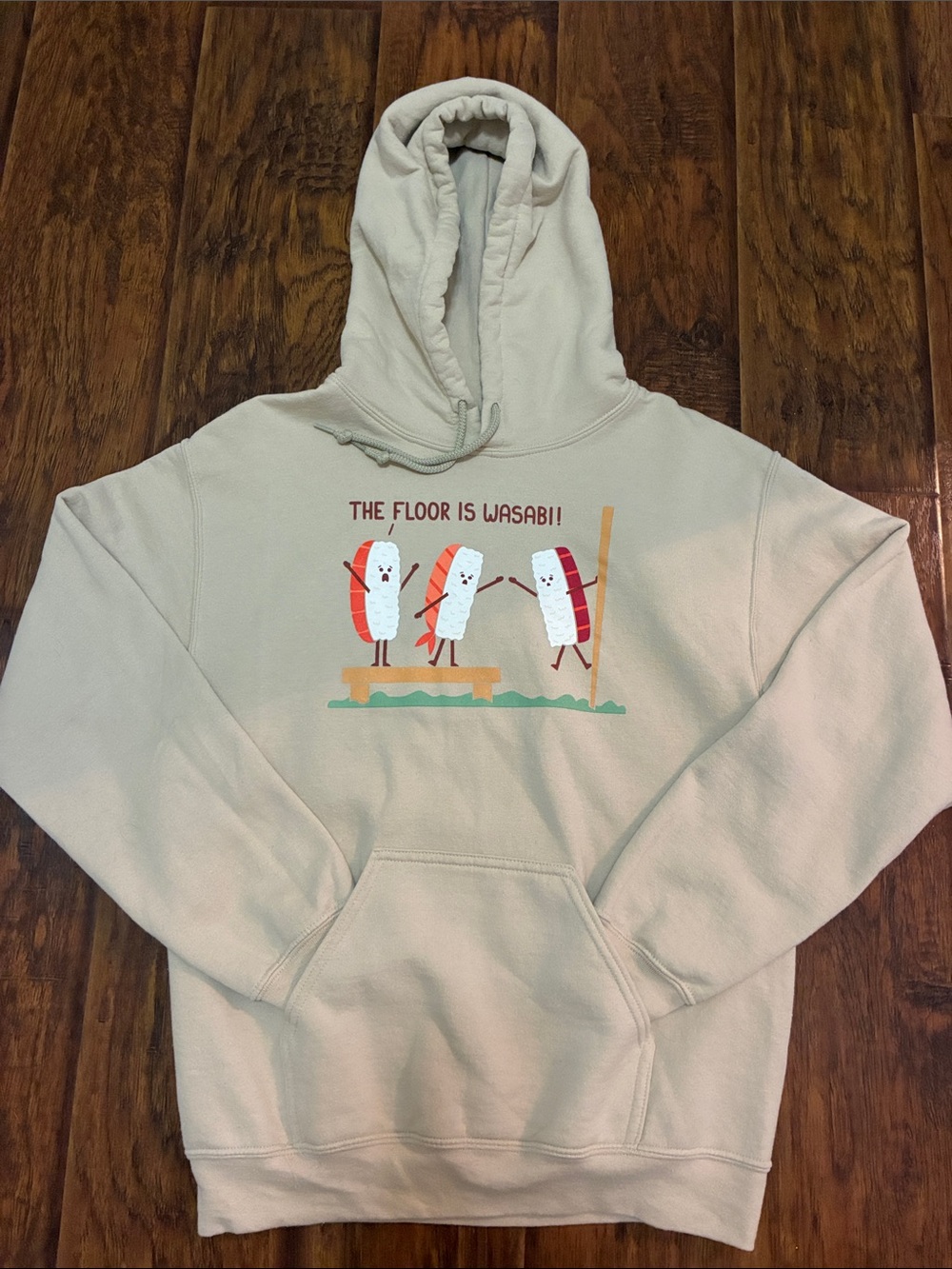 Threadless Cream Pullover Hoodie with Colorful Sushi Graphic
